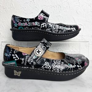Alegria Rock Star Mary Janes Women's 39/8.5 Black Patent Leather Silver Graffiti